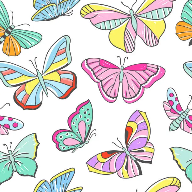 Vector illustration of Seamless colorful pattern with butterflies. Flying butterflies beautiful background