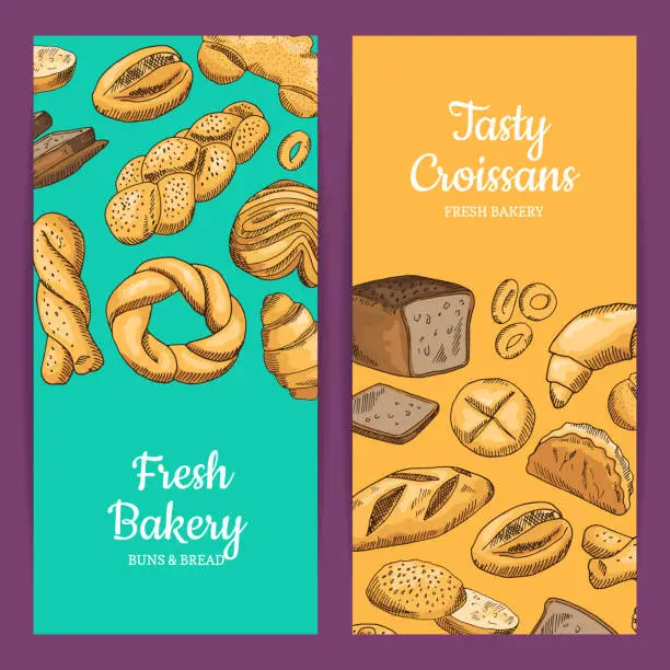 Vector illustration of Vector banner or shop flyer templates with hand drawn colored bakery elements
