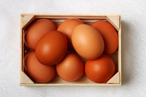 Several chicken eggs in wooden box. stock photo