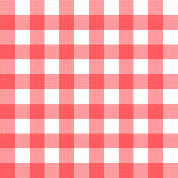 Vector linen gingham checkered blanket tablecloth. Seamless white red cloth table pattern background with natural textile texture. Retro country fabric material for holiday breakfast or dinner picnic Vector linen gingham checkered blanket tablecloth. Seamless white red cloth table pattern background with natural textile texture. Retro country fabric material for holiday breakfast or dinner picnic picnic blanket stock illustrations