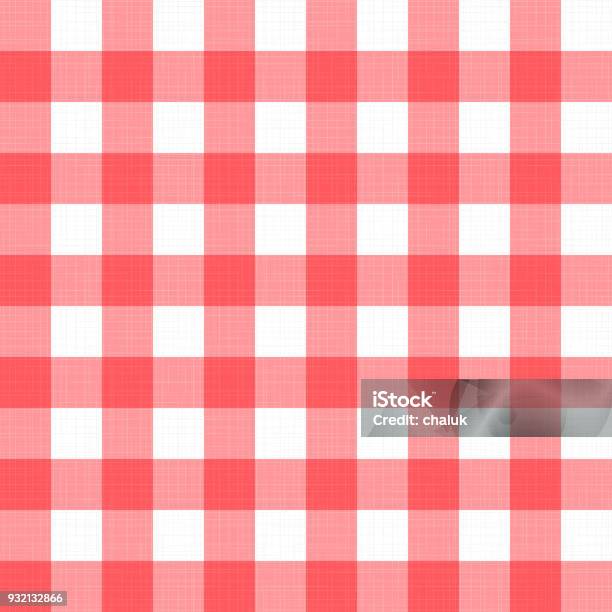 Vector Linen Gingham Checkered Blanket Tablecloth Seamless White Red Cloth Table Pattern Background With Natural Textile Texture Retro Country Fabric Material For Holiday Breakfast Or Dinner Picnic Stock Illustration - Download Image Now