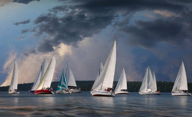 Sailboats on the beautiful Lake of the Southern Ural of Russia.Yacht and beautiful seascape.