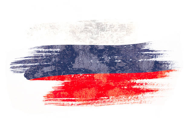 Art brush watercolor painting of Russian flag blown in the wind isolated on white background. stock photo