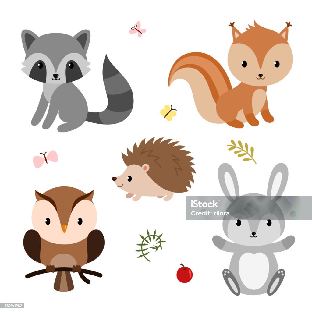 Woodland animals set. Woodland animals and decor elements set. Vector illustration isolated on white background. Hedgehog stock vector