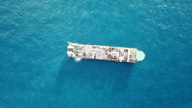 Aerial view of an offshore oil installation at sea