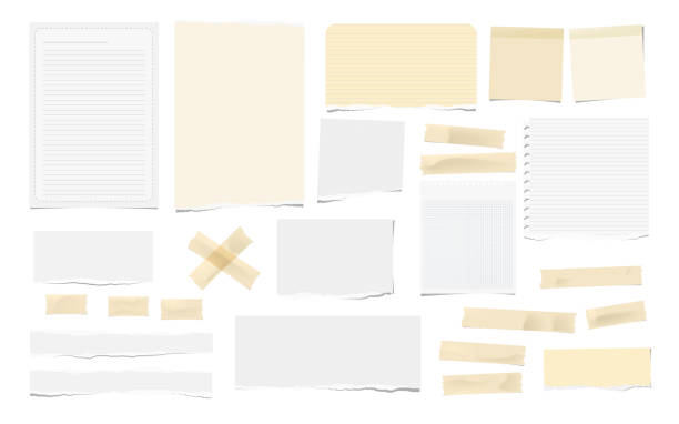istock Brown adhesive, sticky, masking, duct tape pieces, white torn note, notebook paper for text are isolated on white background. 932145462