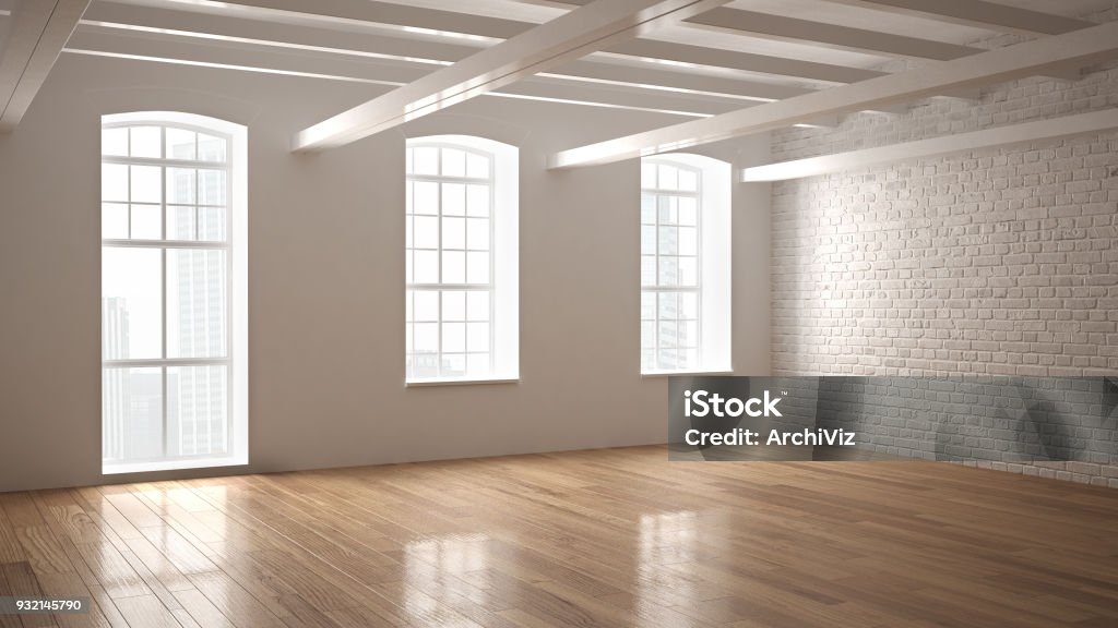 Spazio industriale classico vuoto, open room con pavimento in legno e grandi finestre, design d'interni moderno - Foto stock royalty-free di Vuoto