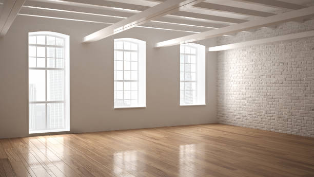 istock Empty classic industrial space, open room with wooden floor and big windows, modern interior design 932145790