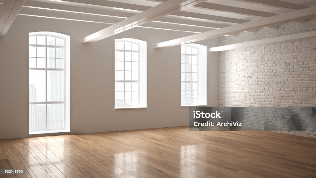 Empty classic industrial space, open room with wooden floor and big windows, modern interior design Empty Stock Photo