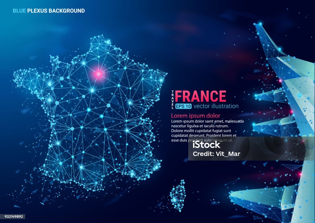 Abstract polygonal map of France. Floating blue plexus geometric background. - Royalty-free França arte vetorial