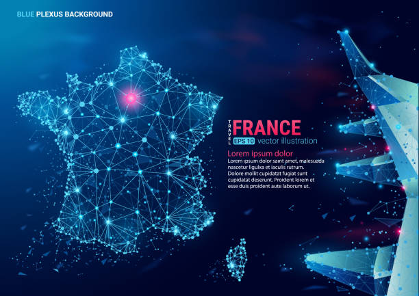 ilustrações, clipart, desenhos animados e ícones de resumo mapa poligonal de frança. flutuante do plexo azul fundo geométrico. - gallica rose