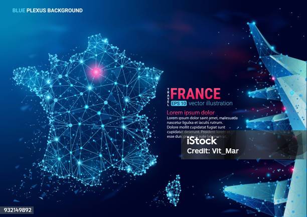 Abstract Polygonal Map Of France Floating Blue Plexus Geometric Background - Arte vetorial de stock e mais imagens de França