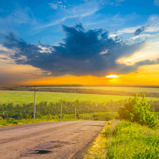 istock rural scene, asphalt road among a fields at the sunset 932149910