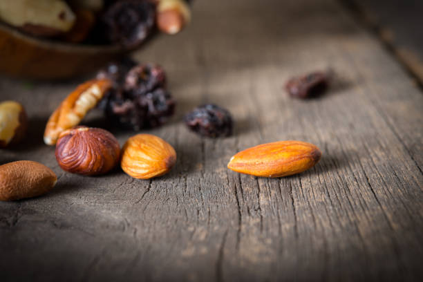 Creative layout made of nuts on a white background. Flat lay. Nutrition concept.