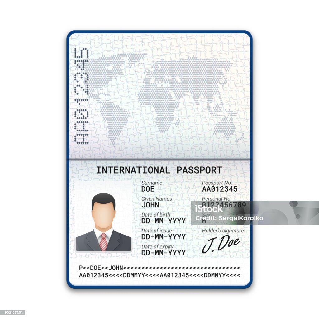 Modelo de passaporte internacional masculino com amostra de foto, assinatura e outros dados pessoais. Ilustração vetorial - Vetor de Passaporte royalty-free