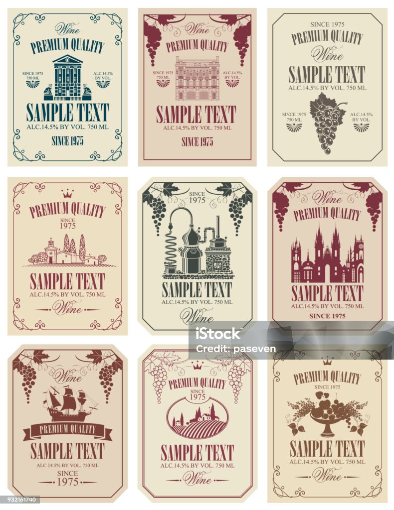 Set of vector labels for wine in retro style Vector set of wine labels with the image of grapes, winery, castle, sailboat, landscape, fruits and other in retro style in frames with curls Wine stock vector