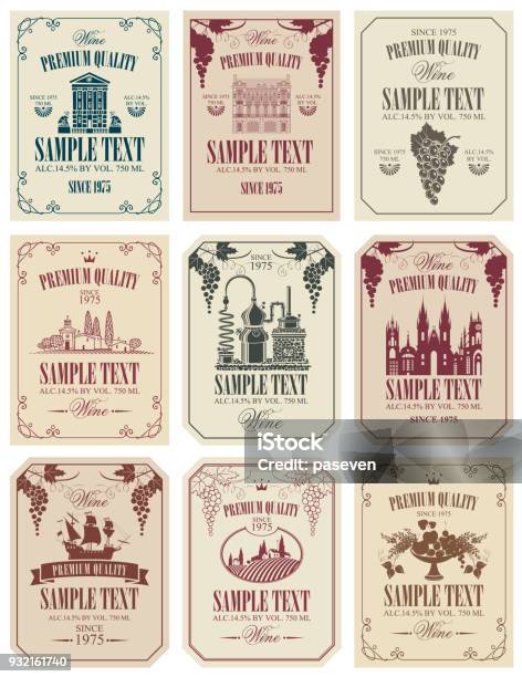 Set Of Vector Labels For Wine In Retro Style Stock Illustration - Download Image Now - Wine, Label, Vineyard