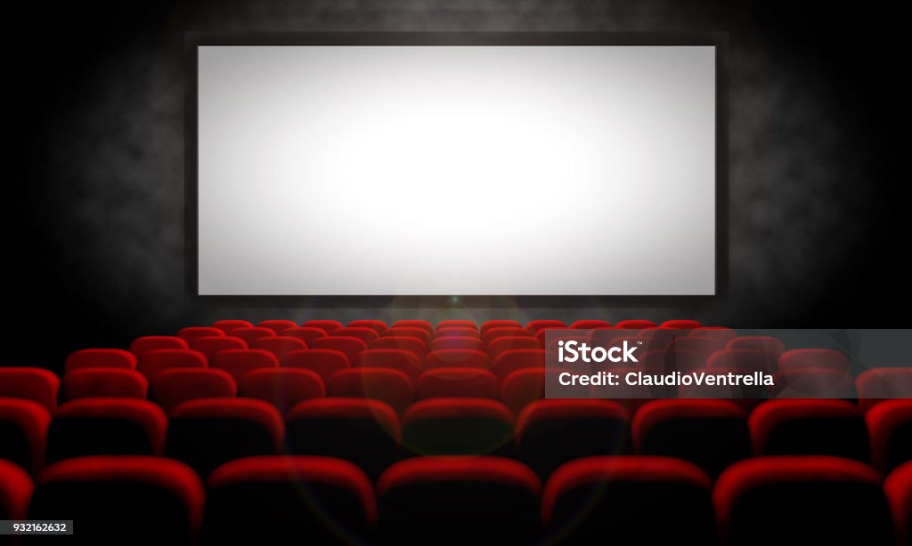 empty movie theater white screen and red seats in empty movie theater Movie Theater Stock Photo