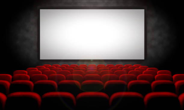 empty movie theater white screen and red seats in empty movie theater film screening stock pictures, royalty-free photos & images