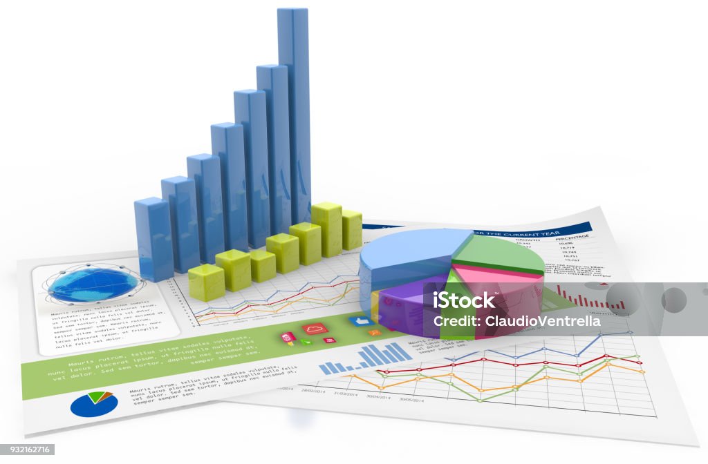 financial graphs and charts isolated on white bar graph, pie chart and diagrams isolated on white, 3d illustration White Background Stock Photo