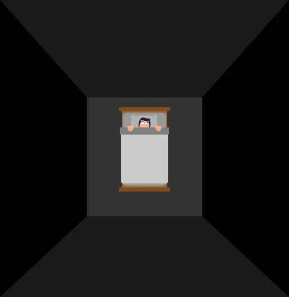 Vector illustration of Man under blanket is afraid. Fear in bed.