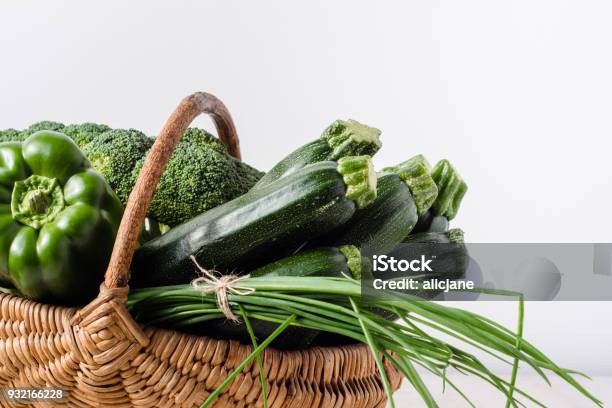 Green Vegetables In The Basket Farm Fresh Vegetable From Local Farmer Market Assorted Produce Isolated On White Background Stock Photo - Download Image Now