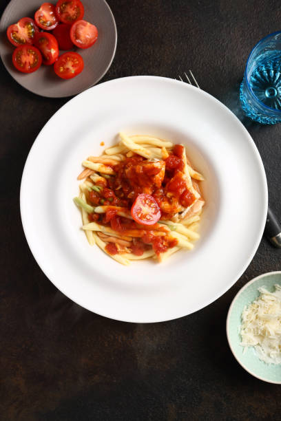istock Pasta with tomato sauce and cheese, food flat lay 932169640