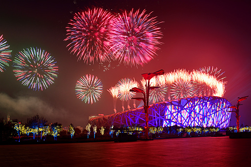 Beijing, China - November 10, 2014: Firework display and light show at beijing national stadium at night, Beijing, China.