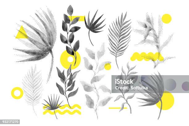 보편적인 추세 하프톤 꽃 모양 설정 꽃-식물에 대한 스톡 벡터 아트 및 기타 이미지 - 꽃-식물, 잎, 패턴