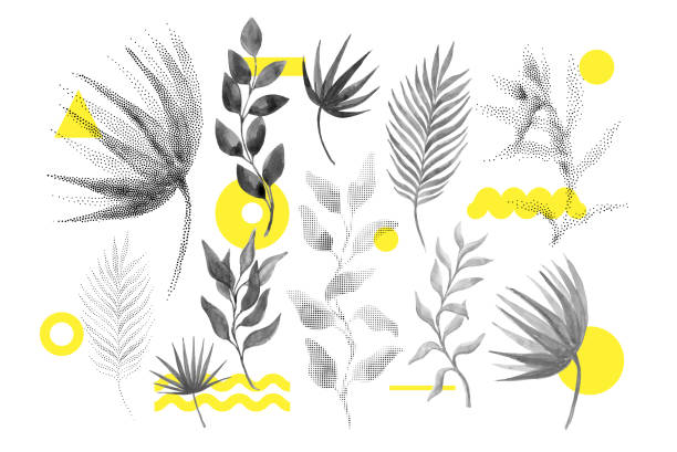 uniwersalny trend półtonowe kształty kwiatowe zestaw - żółty ilustracje stock illustrations