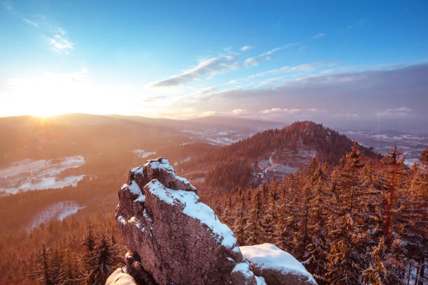 Frosty sunrise in Rudawy Janowickie mountains, Lower Silesia, Poland