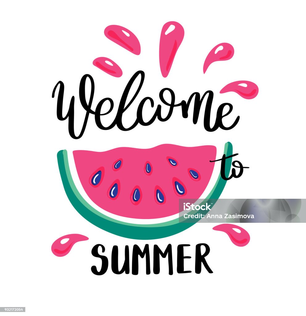 Welcome to Summer letting handwriting quote and watermelon. Emotional print with watermelon hand writing quote. Vector illustration with slices of watermelons. Summer stock vector