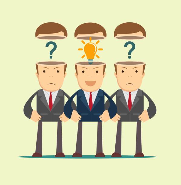 istock Leadership concept with crowd of businesspeople with question marks and lightbulb in the open heads on background 932172158