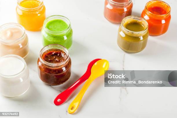 Variety Of Baby Food Stock Photo - Download Image Now - Apple - Fruit, Backgrounds, Banana