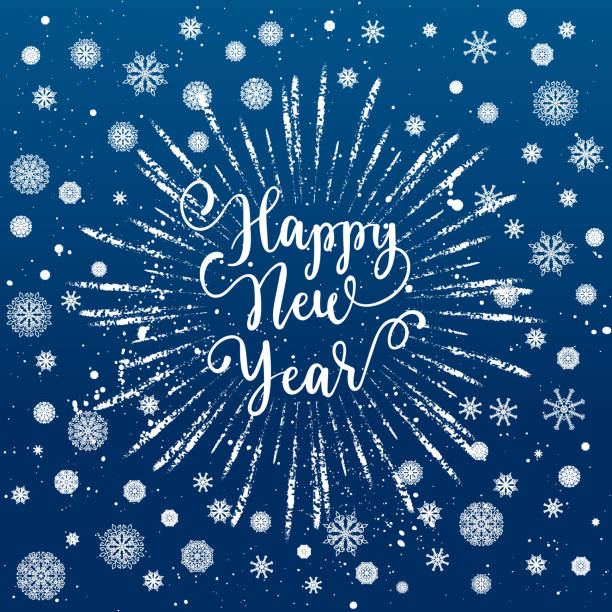 istock Happy New Year greeting card. Vector winter holidays backgrounds with starburst, hand lettering calligraphic, snowflakes, falling snow. 932174752