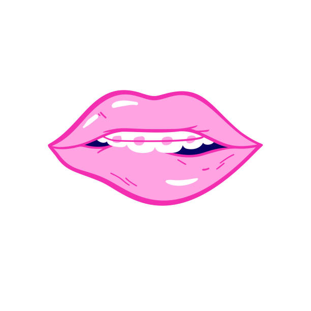 ilustraciones, imágenes clip art, dibujos animados e iconos de stock de belleza, maquillaje, moda estética elemento. labios de doodle color vector rosa de parches en el arte pop estilo años 80-90. boca de emociones sexy de mujer con tirantes. - fish lips illustrations