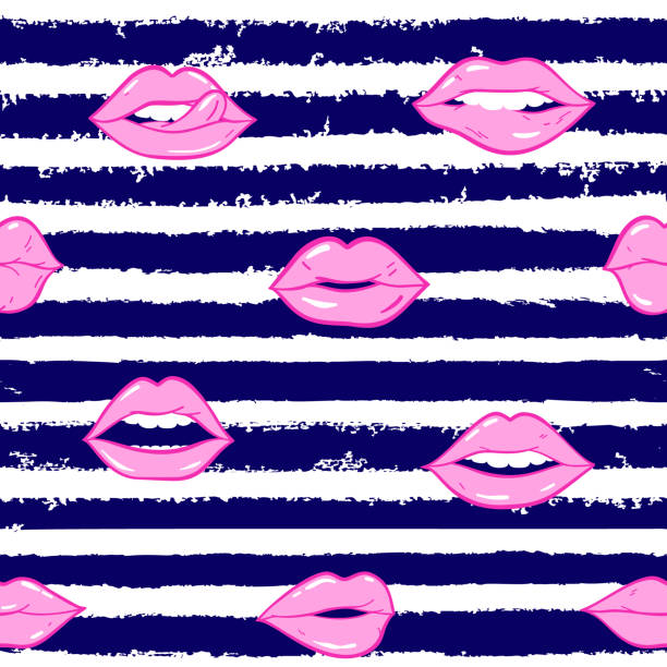 ilustrações de stock, clip art, desenhos animados e ícones de beauty, makeup, cosmetic fashion seamless pattern. vector pink color doodle lips patches in pop art 80s-90s style. woman's sexy emotions mouth. - fish lips illustrations