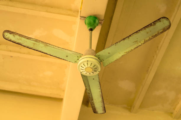 istock Vintage green ceiling fan on ceiling. Old ceiling fan with rust and dust. 932175834