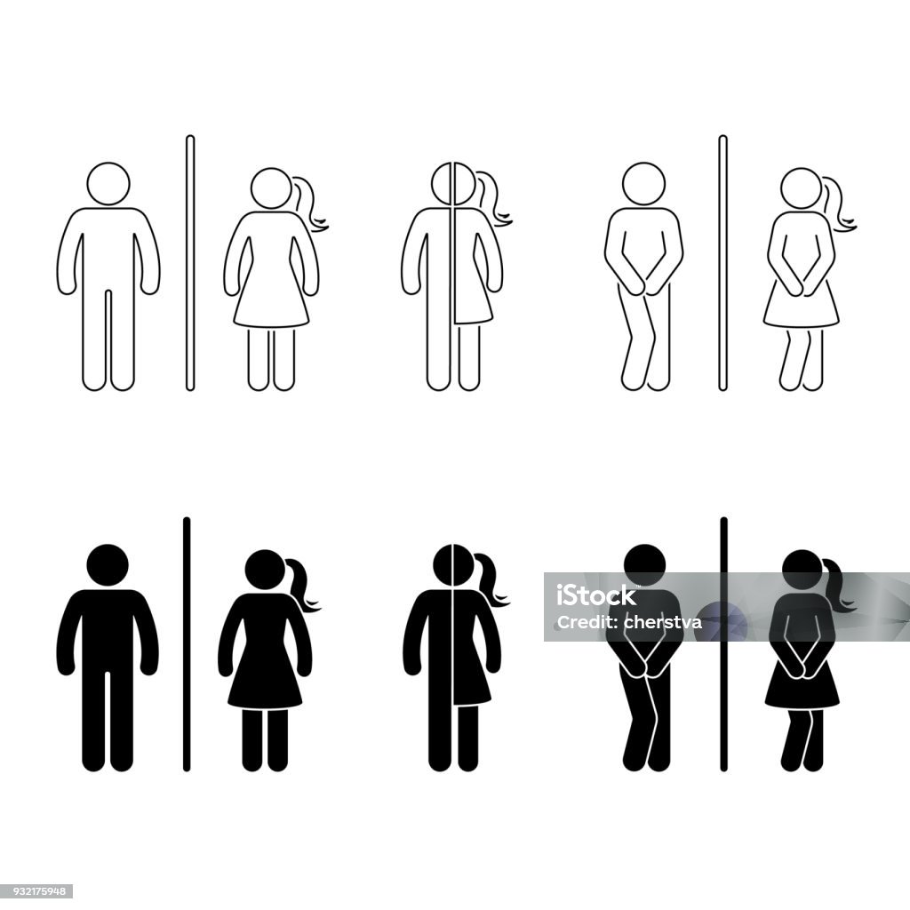 Toilet male and female icon. Stick figure vector funny wc, restroom set on white Bathroom stock vector