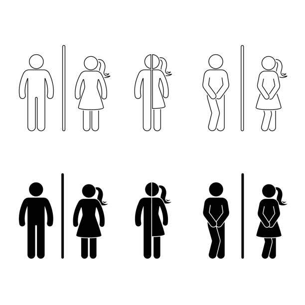 Toilet male and female icon. Stick figure vector funny wc, restroom set on white Toilet male and female icon. Stick figure vector funny wc, restroom set on white bathroom icons stock illustrations