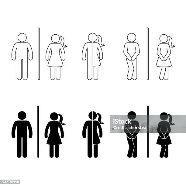 Toilet Male And Female Icon Stick Figure Vector Funny Wc Restroom Set On White Stock Illustration - Download Image Now