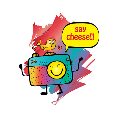 Say cheese text balloon with cute cartoon camera