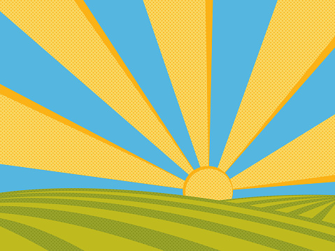 Sunrise on fields. Summer sunny day in countryside. Vector illustration.