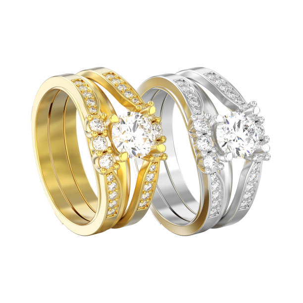 istock 3D illustration isolated two yellow and white gold or silver  two shanks decorative diamond rings 932211622