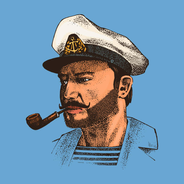 Boatswain with pipe. sea captain, marine old sailor or bluejacket, seaman with beard or men seafarer. travel by ship or boat. engraved hand drawn in old boho sketch