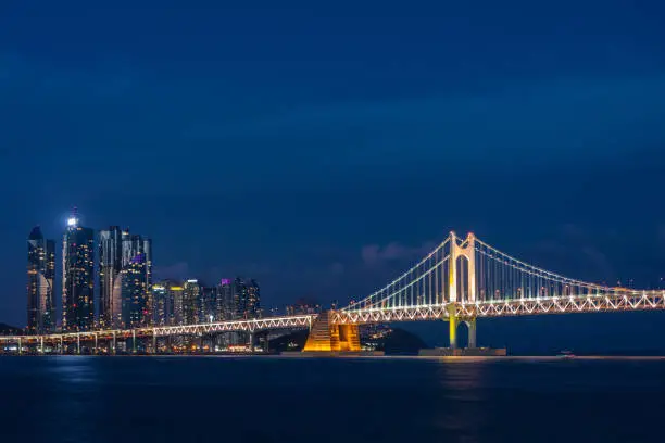 Cross-sea bridge and Modern City night view, Korea Busan gwangan Bridge night view.