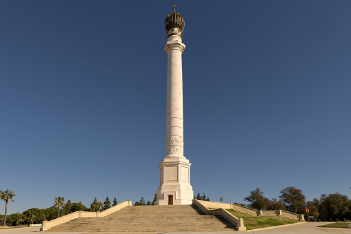 View of historic Discovery Monument at La Rabida monastery in Huelva, Andalusia, Spain.