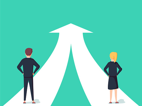 Business cooperation and partnership vector concept. Woman and man working together for common goal. Symbol of equality or collaboration, connection. Eps10 vector illustration. Way to success