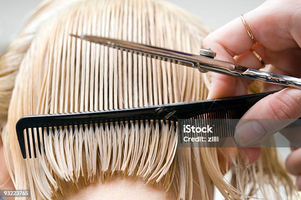 Blonde Woman At Hair Saloon Stock Photo - Download Image Now - Hairstyle, Cutting Hair, Short Hair