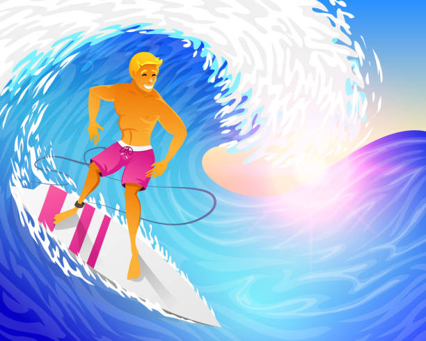 istock Surfer riding on blue ocean wave with surfboard. Muscular man on weekends. Happy young guy on the crest. Sea and Beach. Active healthy lifestyle, extreme sport concept. vector illustration 932241034